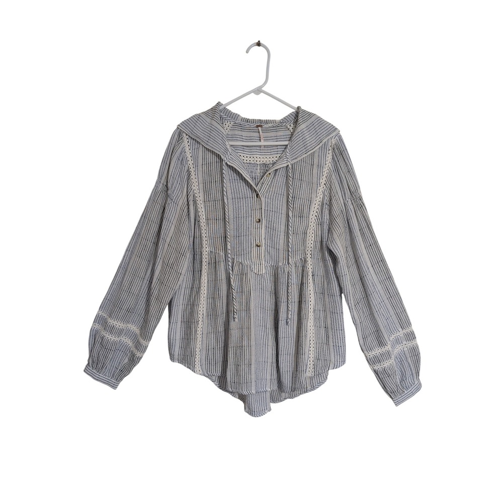 Free‎ People Striped Boho Hooded Blouse Blue White Crochet Lace Trim Top Small